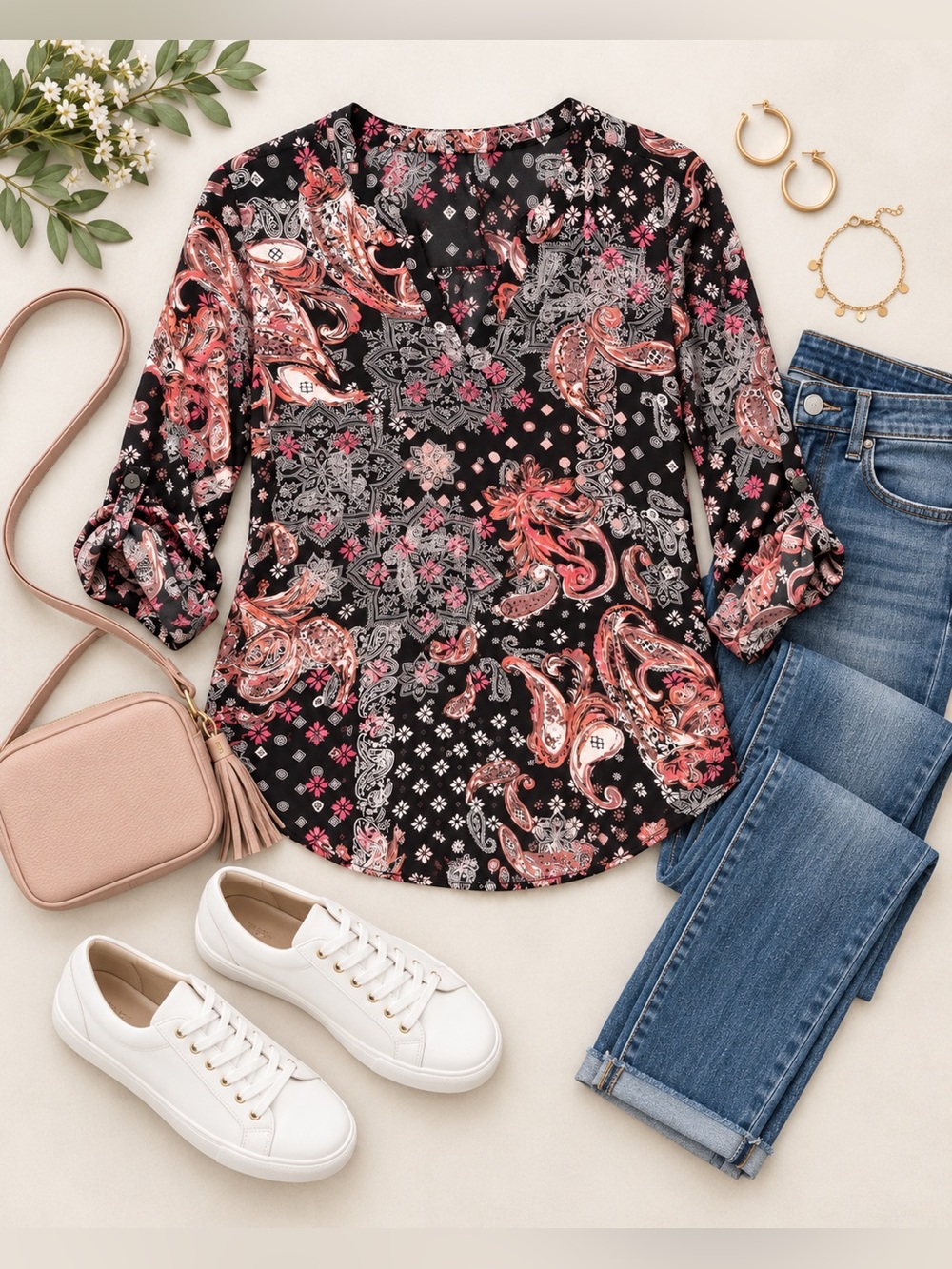 Maurice’s Black Pink Paisley Boho 3/4 Sleeve Blouse